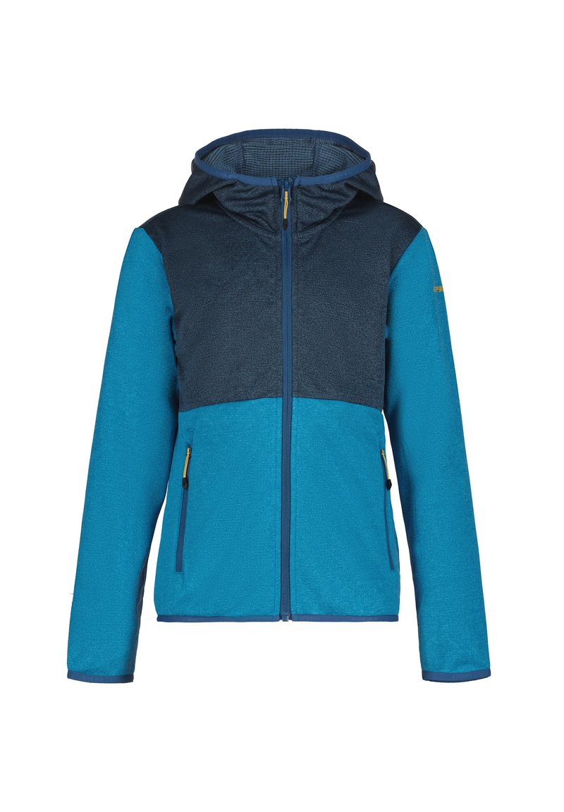 Veste à capuche zippée bleue et marine avec deux poches à l'avant, en tissu texturé, et un design de panneaux contrastants. Caractéristiques des accents jaunes sur la fermeture éclair.