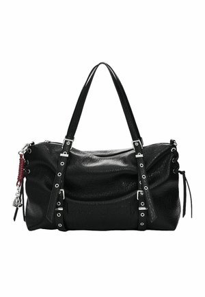 Borsa a mano in pelle nera strutturata con doppi manici a spalla caratterizzati da fibbie e occhielli argentati, chiusura con cerniera e lati decorativi con lacci e dettaglio charm.