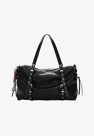 Borsa a mano in pelle nera strutturata con doppi manici a spalla caratterizzati da fibbie e occhielli argentati, chiusura con cerniera e lati decorativi con lacci e dettaglio charm.