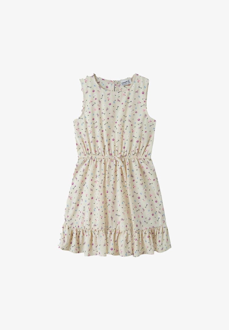 Robe beige sans manches pour enfants avec imprimé floral petit en rose, violet et bleu, taille froncée avec cordon de serrage et ourlet à volants.