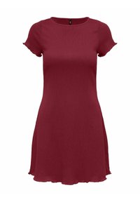 Robe bordeaux côtelée avec des manches courtes, un col rond et un ourlet évasé. Présente une texture douce et une coupe décontractée.