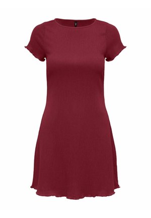 Vestido burdeos de canalé con mangas cortas, escote redondeado y dobladillo acampanado. Presenta una textura suave y un ajuste holgado.