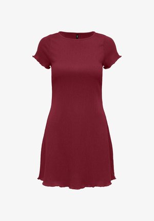 Vestido burdeos de canalé con mangas cortas, escote redondeado y dobladillo acampanado. Presenta una textura suave y un ajuste holgado.