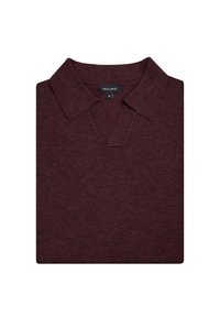 Bordowy sweter z miękkiej tekstury, z kołnierzykiem polo i dekoltem w kształcie litery V. Wykonany z dzianiny, starannie złożony do wyeksponowania.
