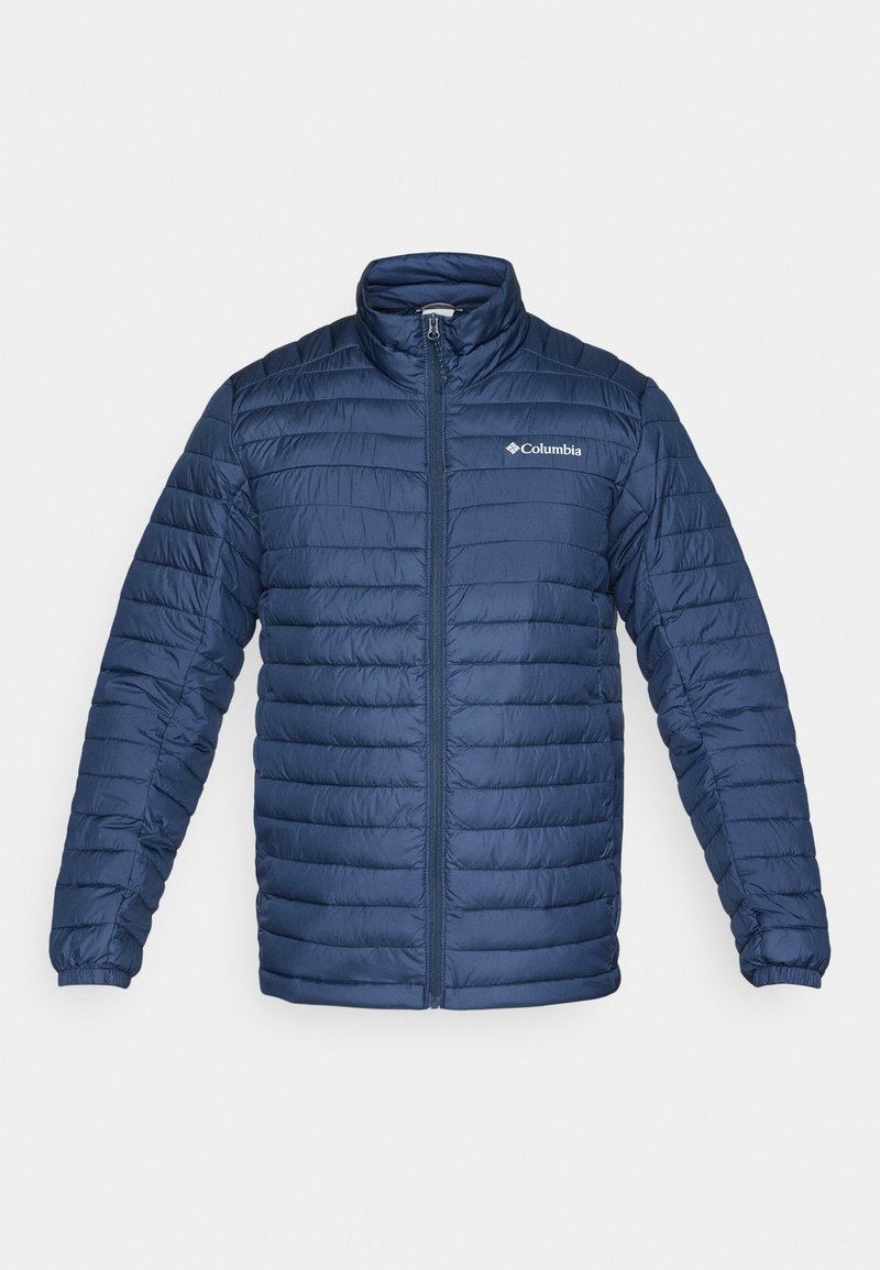 Veste matelassée bleu marine en matériau léger, dotée d'une fermeture éclair, d'un col montant et d'un motif matelassé horizontal.