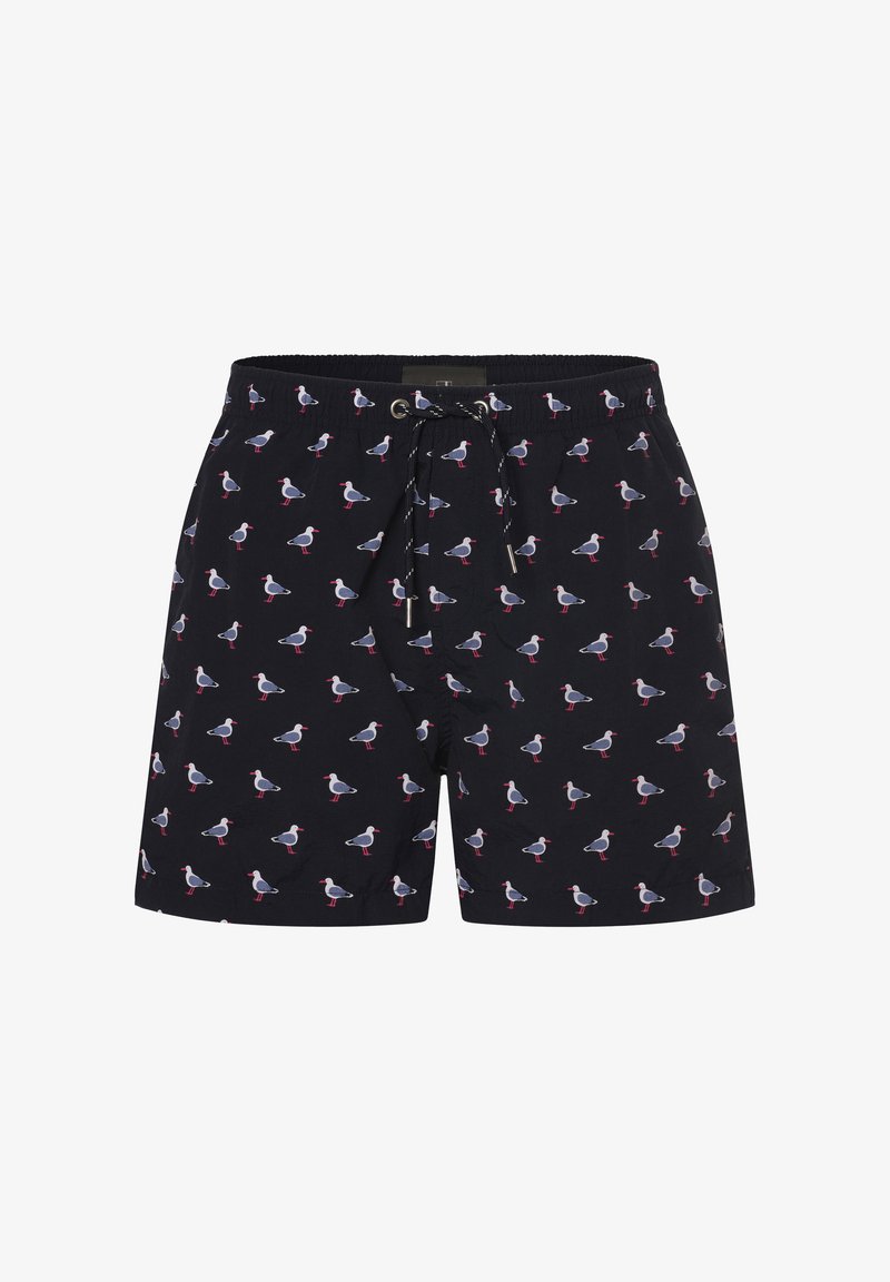 Schwarze Badeshorts mit einem Muster von Möwen in Grau, Weiß und Rot. Verfügt über einen elastischen Bund und eine Kordel zum Verstellen der Passform.