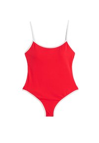 Rood badpak met witte bies. Heeft dunne banden en een aansluitend ontwerp. Het materiaal is glad met een matte afwerking, geschikt om in te zwemmen.