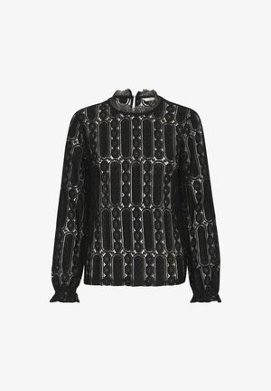 Črna bluzica z dolgimi rokavi, ki vsebuje teksturirano čipko z geometrijskim vzorcem, okrogel izrez in nabrane manšete. Dopolnjena z lepo našitimi detajli.