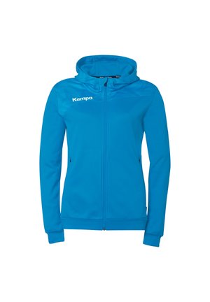 Blå jacket med fuld lynlås og hætte, lange ærmer, sidelommer samt hvid "Kempa"-logo på venstre bryst.