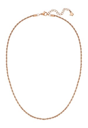 Collier chaîne torsadée en or rose avec fermoir mousqueton et chaîne d’extension réglable se terminant par un pendentif en forme de cœur.