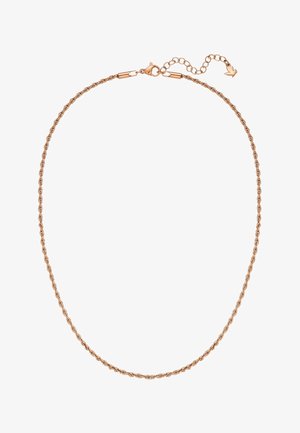 Collier chaîne torsadée en or rose avec fermoir mousqueton et chaîne d’extension réglable se terminant par un pendentif en forme de cœur.