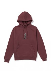 Sudadera color burdeos hecha de mezcla de algodón, con un bolsillo frontal, capucha ajustable con cordón y un pequeño gráfico metálico en el pecho.