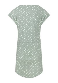Groene jurk met stippen en korte mouwen, met een relaxte pasvorm en een gladde textuur. Rond afgewerkte zoom en subtiele taille-seam detail.