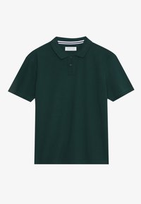 Polo shirt vert foncé en coton, avec un col, un plastron à deux boutons et des manches courtes. Design classique avec une texture lisse.