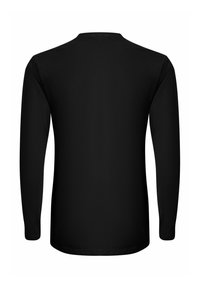 Svart langermet skjorte med rund hals, glatt stoffstruktur og tettsittende fasong, uten synlige mønstre eller detaljer.