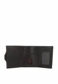 Dark brown leather wallet, tri-fold design, featuring a clear ID slot and multiple card compartments. Textured interior with subtle stitching.
