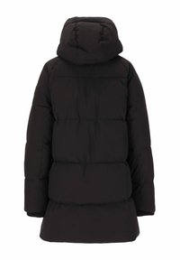Sort puffer-jakke med hætte, med et quiltet design, elastiske manchetter og en mellemlang længde. Glat, vandafvisende stof.