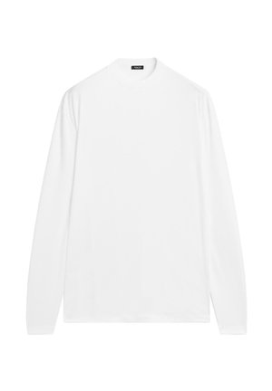 Langärmliges weißes T-Shirt aus weichem, glattem Stoff. Rundhalsausschnitt, lockere Passform und gerader Saum. Keine Muster oder sichtbare Hardware.