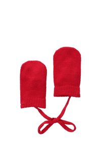 Rote gestrickte Handschuhe mit abgerundeten Spitzen, gerippten Bündchen und einem verbindenden Band. Weiche Textur, entworfen, um die Hände bei kaltem Wetter warm zu halten.