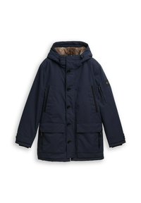 Marineblauwe geïsoleerde parka met een fleece-voering in de capuchon, meerdere zakken, knoop- en ritssluitingen en verstelbare manchet. Gestructureerd materiaal.