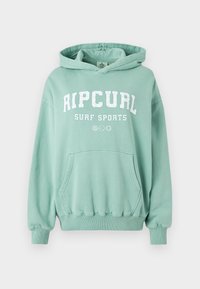 Mintgroene hoodie van zachte stof. Voorzien van een kangoeroezak, een capuchon met trekkoord en een vooropdruk met het logo "RIP CURL SURF SPORTS." Ribbelmanchetten.