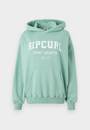 Mintgrønn hettejakke laget av myk stoff. Har kengurulomme, snøring i hette og frontlogoen "RIP CURL SURF SPORTS." Ribbestrikkede mansjetter.