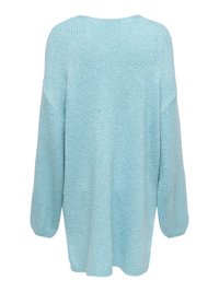 Light blue oversized sweater made from soft, textured knit fabric. Features wide sleeves and a round neckline, with a relaxed fit.