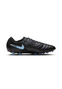 Black football cleat with textured synthetic upper, curved design, blue Nike logo, and light blue studs on a black outsole.