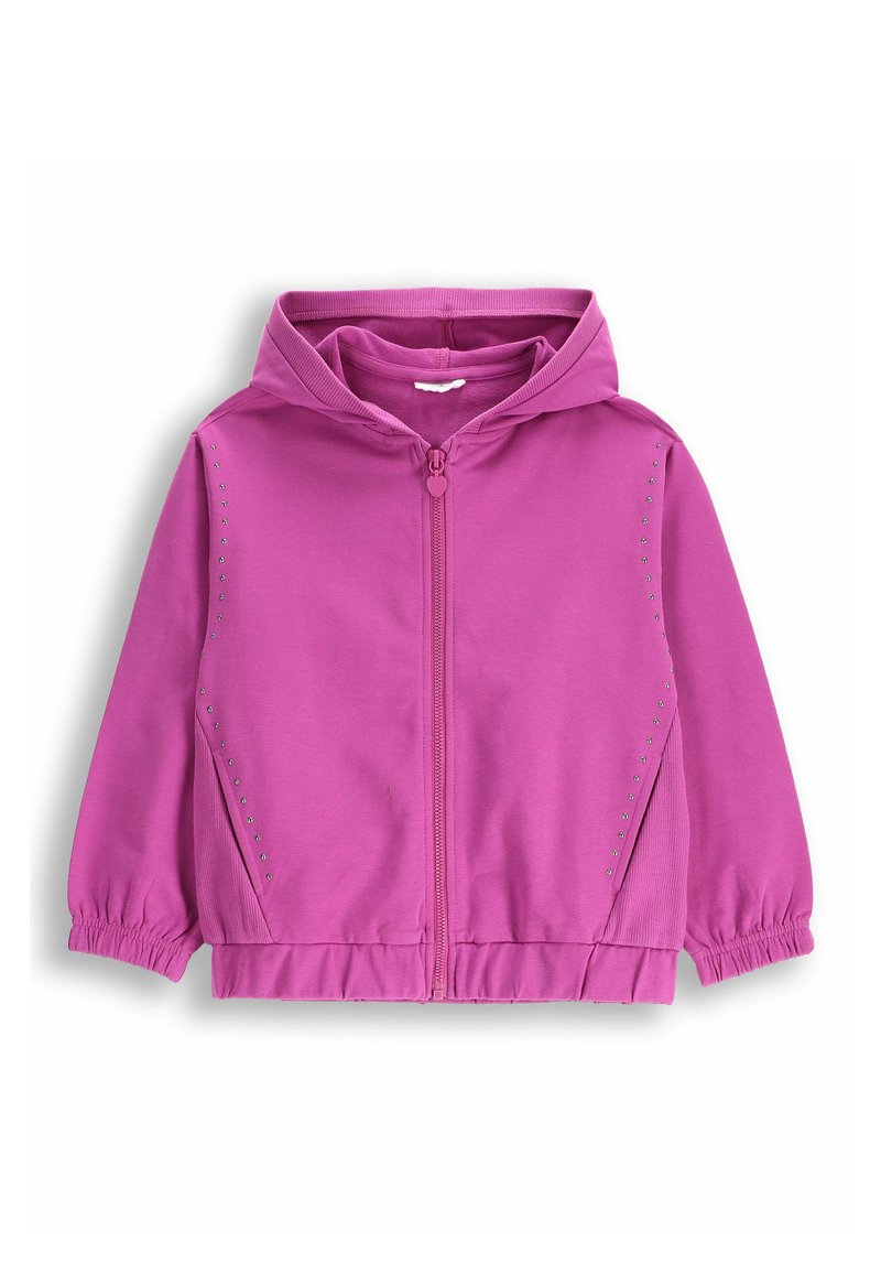 Fuksjowy hoodie na zamek błyskawiczny z kapturem, zaokrąglonym dołem i elastycznymi mankietami. Posiada dekoracyjne cekiny wzdłuż boków oraz miękką bawełnianą tkaninę.
