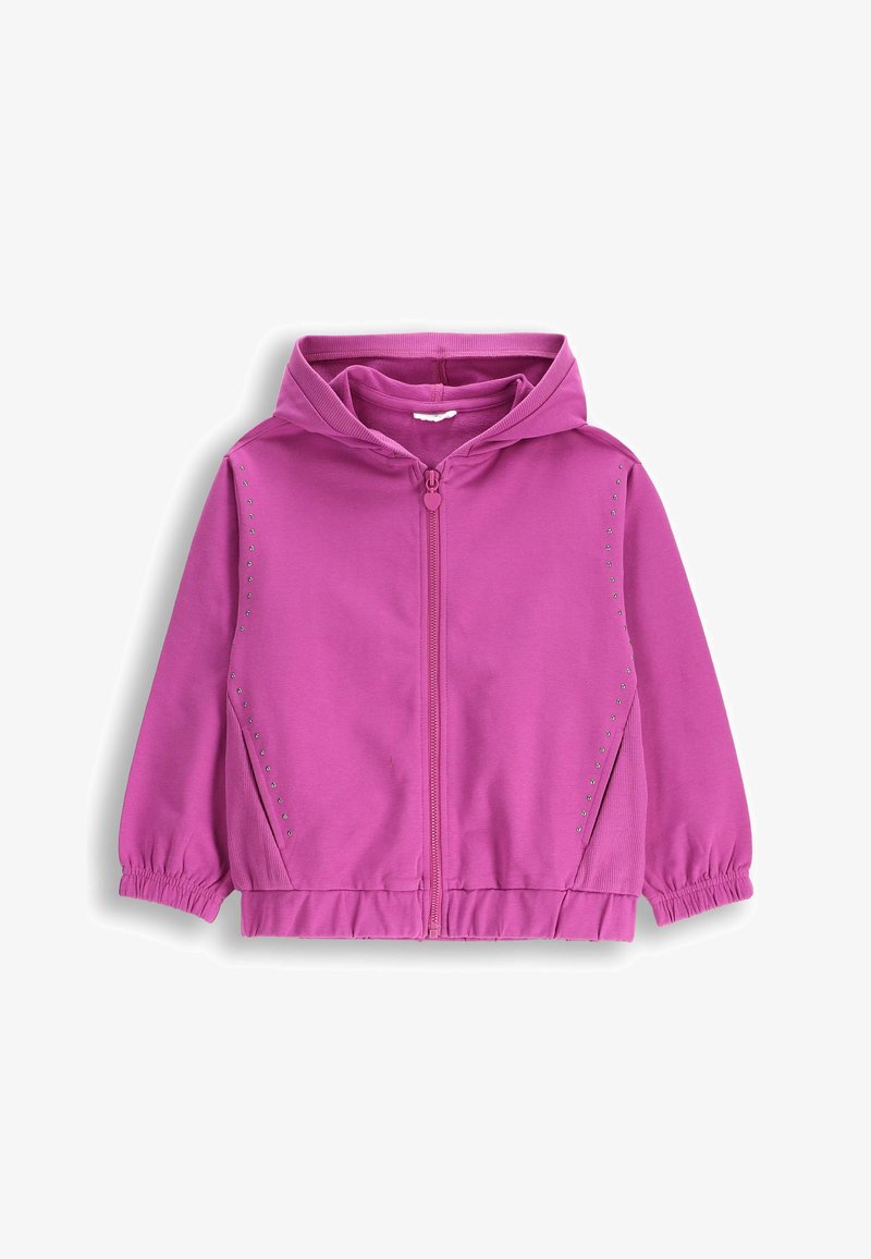 Fuksjowy hoodie na zamek błyskawiczny z kapturem, zaokrąglonym dołem i elastycznymi mankietami. Posiada dekoracyjne cekiny wzdłuż boków oraz miękką bawełnianą tkaninę.
