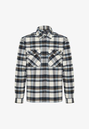 Camicia di flanella a quadratini in blu, marrone e bianco. Caratterizzata da due tasche sul petto con chiusure a flap e colletto button-down. Maniche lunghe.