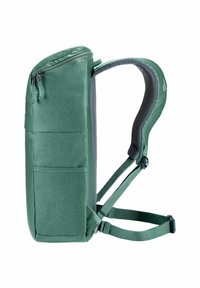 Zaino verde con spallacci imbottiti regolabili, tasca laterale e scomparto superiore con zip, mostrato in profilo laterale su sfondo bianco.