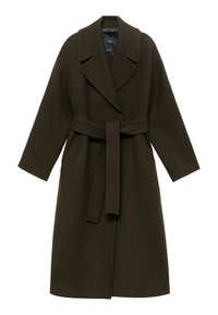 Manteau en laine vert foncé avec un large col, des manches longues, une taille ceinturée et des poches latérales, présentant une coupe droite et une texture douce.