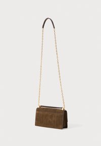 Brown suede clutch with a rectangular shape, featuring a gold chain strap and a leather top handle for carrying versatility.