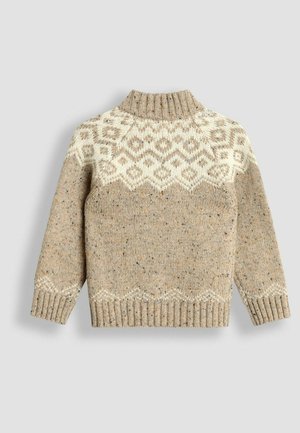 Strickpullover in Beige mit weißem geometrischem Muster, Rundhalsausschnitt, gerippten Bündchen und Saum, mit einer strukturierten Oberfläche und geflecktem Garn.