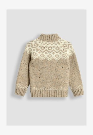 Pleteni pulover v bež barvi z belim geometrijskim vzorcem, okroglim ovratnikom, rebrastimi manšetami in robom, s teksturiranim zaključkom in pikčastim prejo.