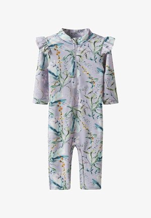 Světle fialový dlouhý rukáv jednocípy plavky s květinovým vzorem, zelenými listy a žlutými akcenty, volánkovými ramínky a přední zip.