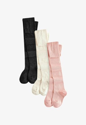 Trois paires de chaussettes montantes : noires, rose clair et crème, fabriquées dans un tissu doux et texturé avec une bande supérieure côtelée et une finition lisse.