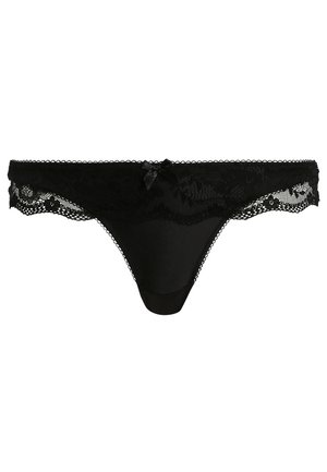 Schwarzer Spitzenstring mit einem glatten Stoffkörper, filigranen floralen Spitzenverzierungen an den Seiten und einem kleinen Schleifenakzent vorne.