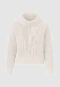 Pull en tricot blanc avec un col montant, longueur cropped et texture à côtes. Comprend de longues manches légèrement bouffantes.