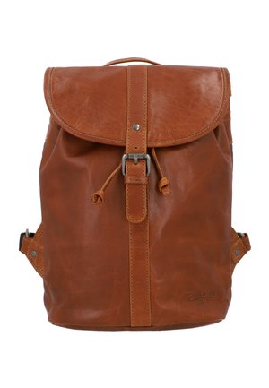 Brauner Leder-Rucksack mit Klappenverschluss, Metalldettel und Zugband. Glatte Textur mit genähten Akzenten und Seitentaschen.