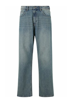 Hellblaue Jeans aus Denim mit geradem Schnitt, fünf Taschen-Design, kontrastierenden Nähten und einem klassischen Bund mit Knopfverschluss.