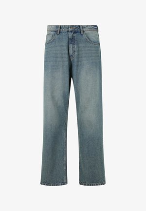 Šviesiai mėlynos džinsinio audinio kelnės su tiesiu kirpimu, penkių kišenių dizainu, kontrastingomis siūlėmis ir klasikiniu juosmeniu su mygtuko uždarymu.