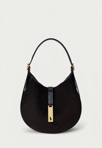 Melnas pusmēness formātas rokassoma ar vienu augšējo rokturi un centrālu zelta aizdari ar zirga un jātnieka logotipu.