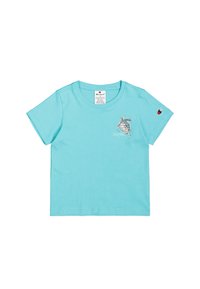 Hellblaues T-Shirt mit kurzen Ärmeln aus Baumwolle. Mit einem Schildkrötenmotiv und Logo auf der Brust sowie einem Logopatch am Ärmel.