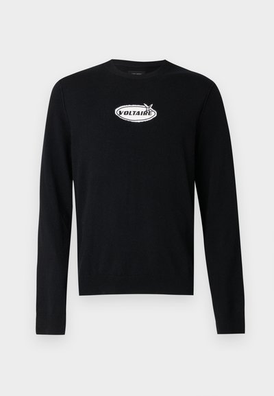Black sweater with long sleeves and a crew neck. Features a white embroidered "VOLTAIRE" logo within an oval shape on the chest.