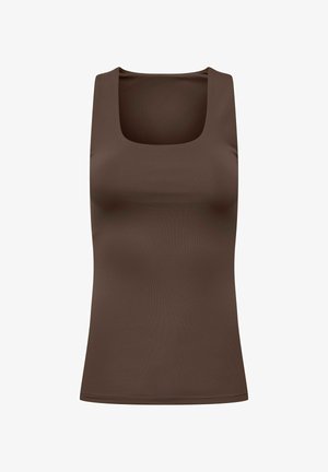 Braunes ärmelloses Tanktop mit quadratischem Ausschnitt, präsentiert vor einem weißen Hintergrund.