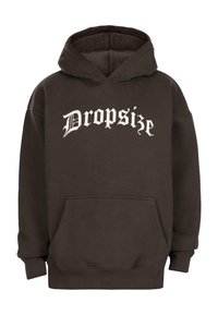 Dunkelbrauner Hoodie mit einer vorderen Kängurutasche und weißem Text im Old-English-Stil, der "Dropsize" über der Brust liest.