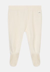 Pantalons de bébé couleur crème en tissu doux, avec un design à pieds, une taille élastique et un petit logo arc-en-ciel en accent.