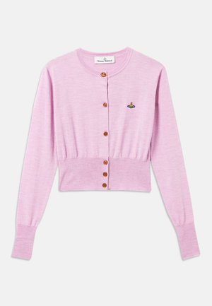 Light pink cropped cardigan made of soft fabric, featuring a round neckline and brown buttons, with a small colorful embroidered design on chest.